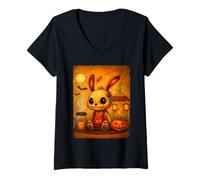 Mujer Espeluznante y Lindo Conejo de Halloween Kawaii, Espeluznante y Acogedor Rabbit Café Camiseta Cuello V