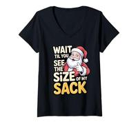 Mujer Espera a Que veas mi Saco, Divertido Humor navideño de Papá Noel Camiseta Cuello V