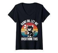 Mujer Espera, déjame Pensar Demasiado, Gato Divertido, café, Retro Camiseta Cuello V