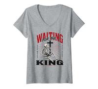 Mujer Esperando al Rey Esqueleto Cristiano Arte bíblico Camiseta Cuello V