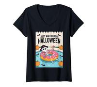 Mujer Esperando esqueleto de Halloween Spooky Countdown Funny Camiseta Cuello V