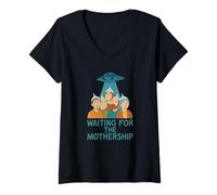 Mujer Esperando la Teoría de la Conspiración Alienígena OVNI de la Nave Nod Camiseta Cuello V