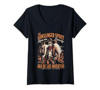 Mujer Espíritu Retro de Halloween con Calavera Occidental Camiseta Cuello V