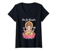 Mujer Espiritual Ganesha Lotus Ilustración Om Jai Diciendo Mujeres Hombres Camiseta Cuello V