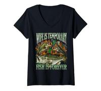 Mujer Esposa Es Temporal Fish Es para Siempre Divertido Pesca Meme Bootleg Camiseta Cuello V