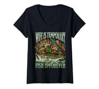 Mujer Esposa Es Temporal Fish Es para Siempre Divertido Pesca Meme Bootleg Camiseta Cuello V
