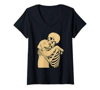 Mujer Esqueleto Abrazando el Perro Labrador Halloween Camiseta Cuello V