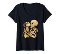 Mujer Esqueleto Abrazando Great Dane Dog Halloween Camiseta Cuello V