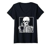 Mujer Esqueleto Bebiendo café Amante Divertido Halloween Calavera Camiseta Cuello V