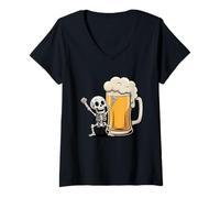 Mujer Esqueleto celebra con una ilustración de Cerveza espumosa Camiseta Cuello V
