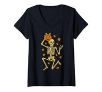 Mujer Esqueleto con Cabeza de Calabaza Halloween Hojas de otoño Espeluznante Camiseta Cuello V