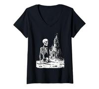 Mujer Esqueleto con Castillo de Arena gótico Verano Verano gótico Camiseta Cuello V