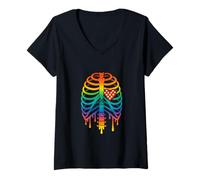 Mujer Esqueleto de caja torácica arcoíris con lindo arte del orgullo Camiseta Cuello V