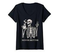 Mujer Esqueleto de Halloween Tomando café: Nunca se ha Visto Tan Camiseta Cuello V