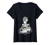 Mujer Esqueleto de Pesca de Lona para Halloween Camiseta Cuello V
