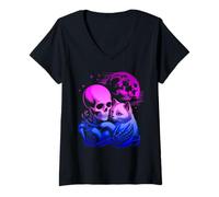 Mujer Esqueleto Gatito gótico Halloween Abrazo Luna Camiseta Cuello V