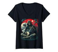 Mujer Esqueleto Guitarrista Onda Japonesa Luna Roja Arte Rock Camiseta Cuello V