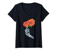 Mujer Esqueleto Mano Rosa Arte Esqueleto Flor Puesta De Camiseta Cuello V