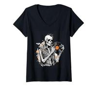 Mujer Esqueleto Punk sosteniendo un Disco de Vinilo Roto Vintage Camiseta Cuello V