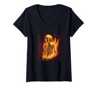 Mujer Esqueleto quema en llamas y fuego para los amantes de los huesos Camiseta Cuello V