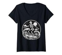 Mujer Esqueleto Surfista Vintage Big Wave Surfing Halloween Vibe gótico Camiseta Cuello V