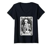 Mujer Esqueleto tejiendo la Tarjeta del Tarot del tejedor Camiseta Cuello V