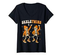 Mujer Esqueletos de Gemelos a Juego para Halloween, Divertidos Esqueletos Bailando Camiseta Cuello V