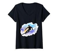 Mujer Esquiador Acuarela Arte Esquí Amante Deportes de Invierno Esquí Camiseta Cuello V