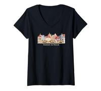 Mujer Esslingen Am Neckar, Vista de la Ciudad Dibujada a Mano Camiseta Cuello V