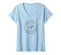 Mujer EST. 1986 Edición Limitada - Estilo Vintage de Sello Postal de Tinta Camiseta Cuello V