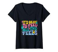 Mujer Está Bien Sentir Todas Las sensaciones Retro Positividad Motivación Camiseta Cuello V