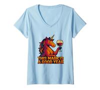 Mujer Esta Magia es un Buen año Unicornio Bebiendo Vino Camiseta Cuello V