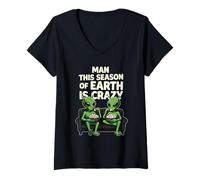 Mujer Esta Temporada de la Tierra es Crazy Aliens Popcorn Meme Camiseta Cuello V