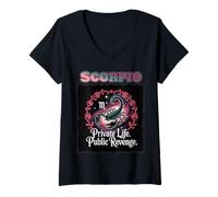 Mujer Estado de ánimo de Escorpio - Diseño de declaración de venganza pública de vida privada Camiseta Cuello V