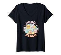 Mujer Estado de ánimo: Playa - Kawaii Summer Vibes Circle Art Camiseta Cuello V