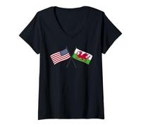 Mujer Estados Unidos, Gales, Banderas Cruzadas, Amistad galesa Americana Camiseta Cuello V