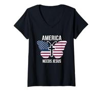 Mujer Estados Unidos Necesita Jesús Fe Cristiana Patriótica Camiseta Cuello V
