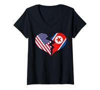 Mujer Estados Unidos y Corea del Norte Corazón Roto Amor Internacional Camiseta Cuello V