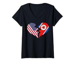 Mujer Estados Unidos y Corea del Norte Corazón Roto Amor Internacional Camiseta Cuello V
