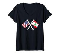 Mujer Estados Unidos y Líbano Banderas Cruzadas Raíces Dobles Camiseta Cuello V