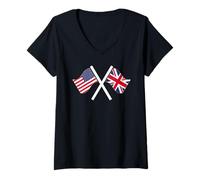 Mujer Estados Unidos y Reino Unido Banderas Cruzadas Raíces Dobles Camiseta Cuello V