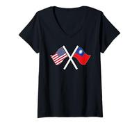 Mujer Estados Unidos y TAIWÁN Banderas Cruzadas Raíces Dobles Camiseta Cuello V