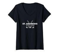 Mujer Estampado Blanco de Palos Cruzados y Pelotas de Golf de St. Andrews Scotland Camiseta Cuello V
