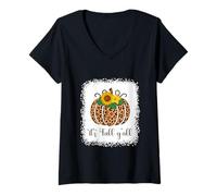 Mujer Estampado de Calabaza y Leopardo, Acción de Gracias, Halloween, It's Fall Y'all Camiseta Cuello V