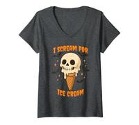 Mujer Estampado Espeluznante de Calavera en Forma de Cono de Halloween I Scream for Ice Cream Camiseta Cuello V