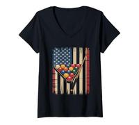 Mujer Estante de Billar con la Bandera de EE. UU., para Jugar al Billar, Estrellas y Rayas Camiseta Cuello V