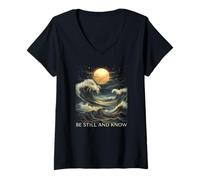 Mujer Estar quieto y conocer Biblia Fe Christian Blue Wave Luna Llena Camiseta Cuello V