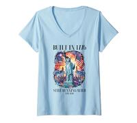 Mujer Estatua patriótica Liberty construida en 1776 Running Wild Fun 2026 Camiseta Cuello V