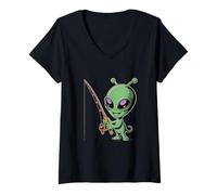 Mujer Este Alien Le Encanta Pescar Divertido Alien Meme Pesca Alien Meme Camiseta Cuello V