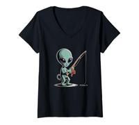 Mujer Este Alien Le Encanta Pescar Divertido Alien Meme Pesca Alien Meme Camiseta Cuello V